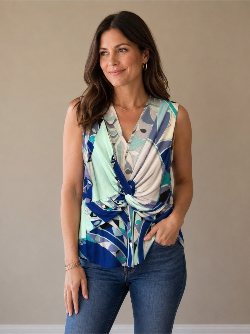 EMILIO PUCCI Swirl Print Cross Front Deep V Stretch Cotton Tank $1,940 40 US 10